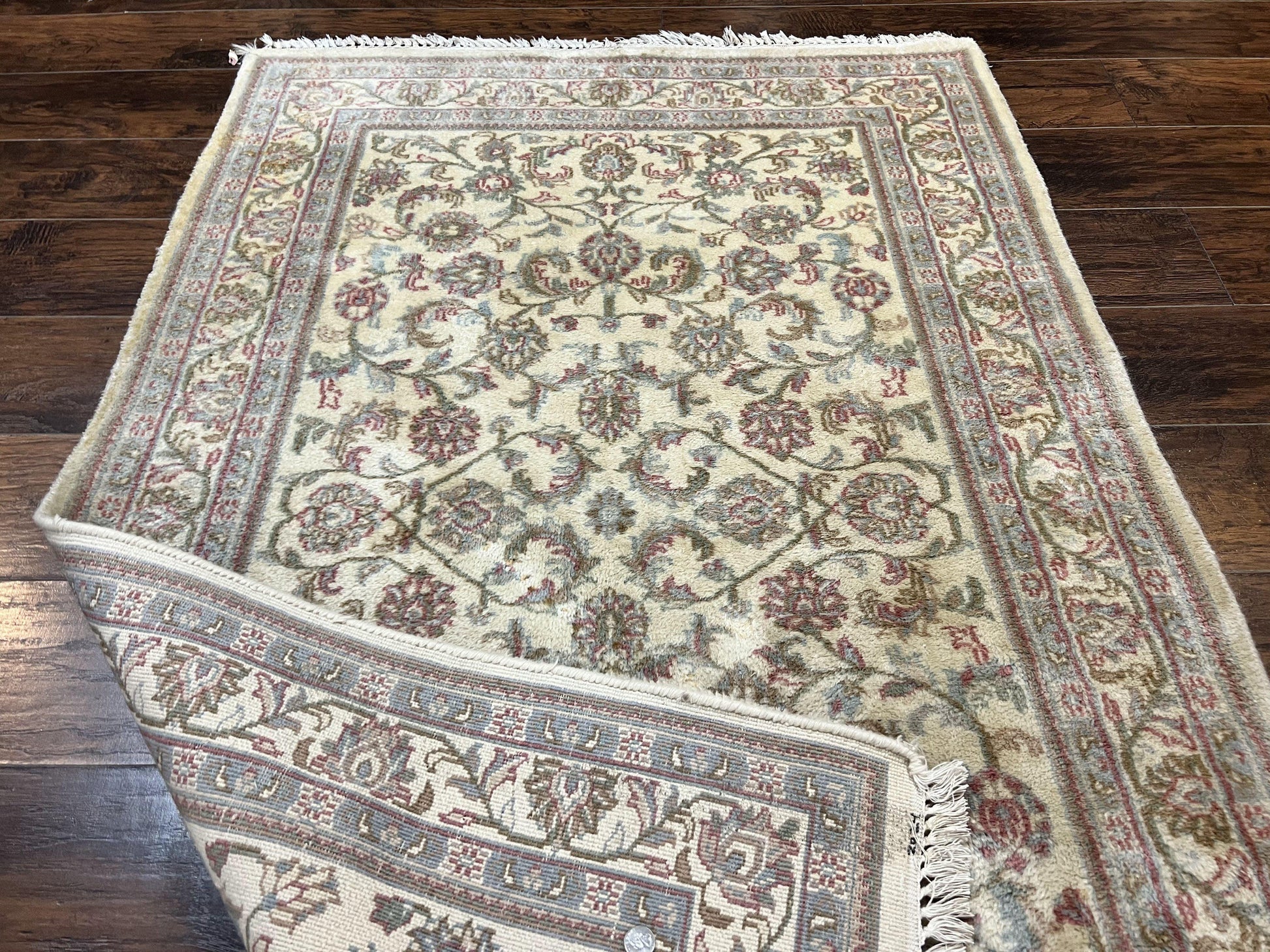 Indo Persian Rug 4x6, Vintage Handmade Wool Carpet, Floral Allover Pattern, Beige, Pair A - Nuvé