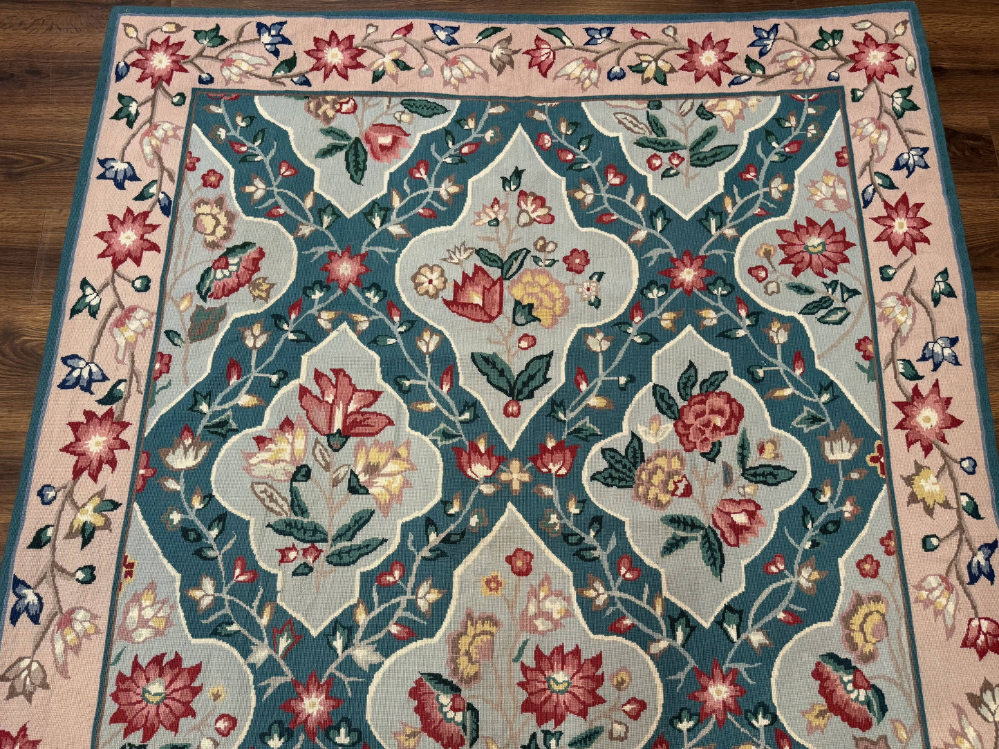 Teal Needlepoint Rug 6x9, Panel Design, Floral Bouquets, Handmade - Nuvé