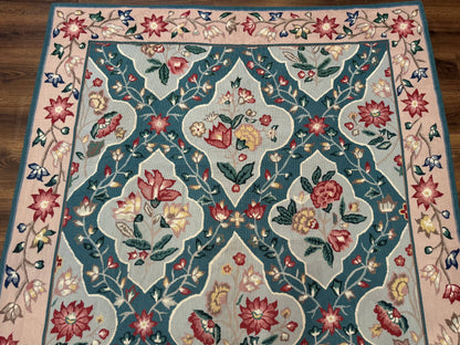 Teal Needlepoint Rug 6x9, Panel Design, Floral Bouquets, Handmade - Nuvé