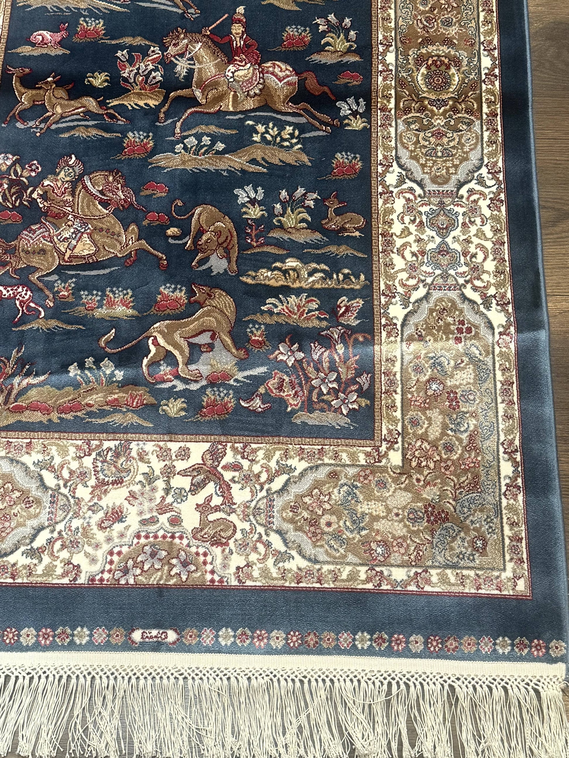 Turkish Silk Hunting Scene Rug 2.6 x 5, Dark Steel Blue & Ivory, Bamboo Silk, New - Nuvé