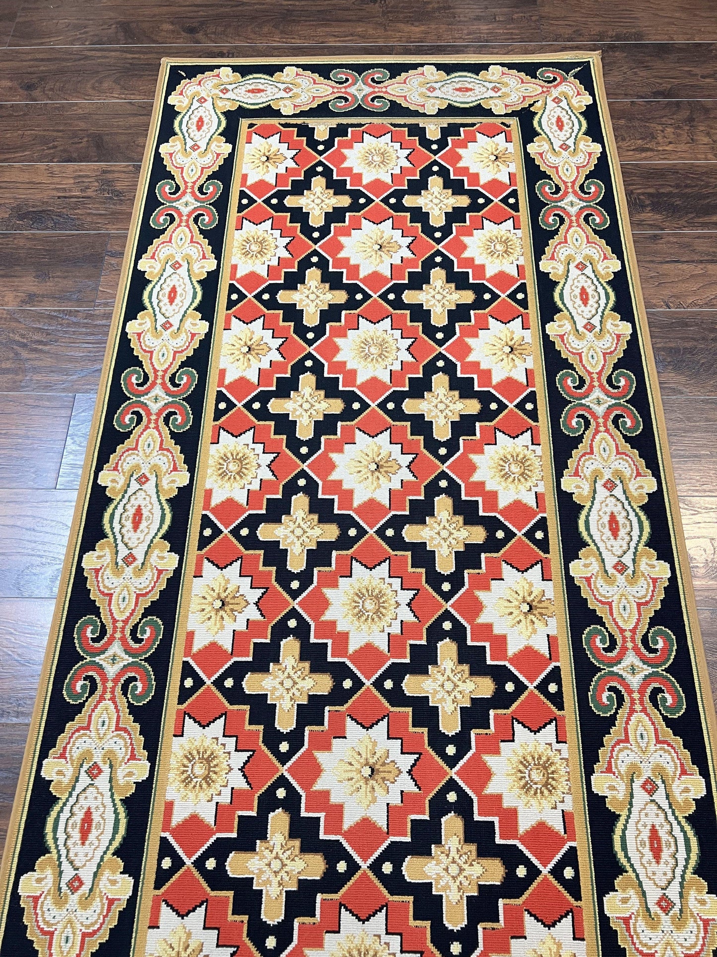 Vintage Runner Rug 3.5 x 14, Long Runner Rug, Stark Custom Made Carpet, European Design, Red Black Ivory Tan, Long Rug for Hallway - Nuvé