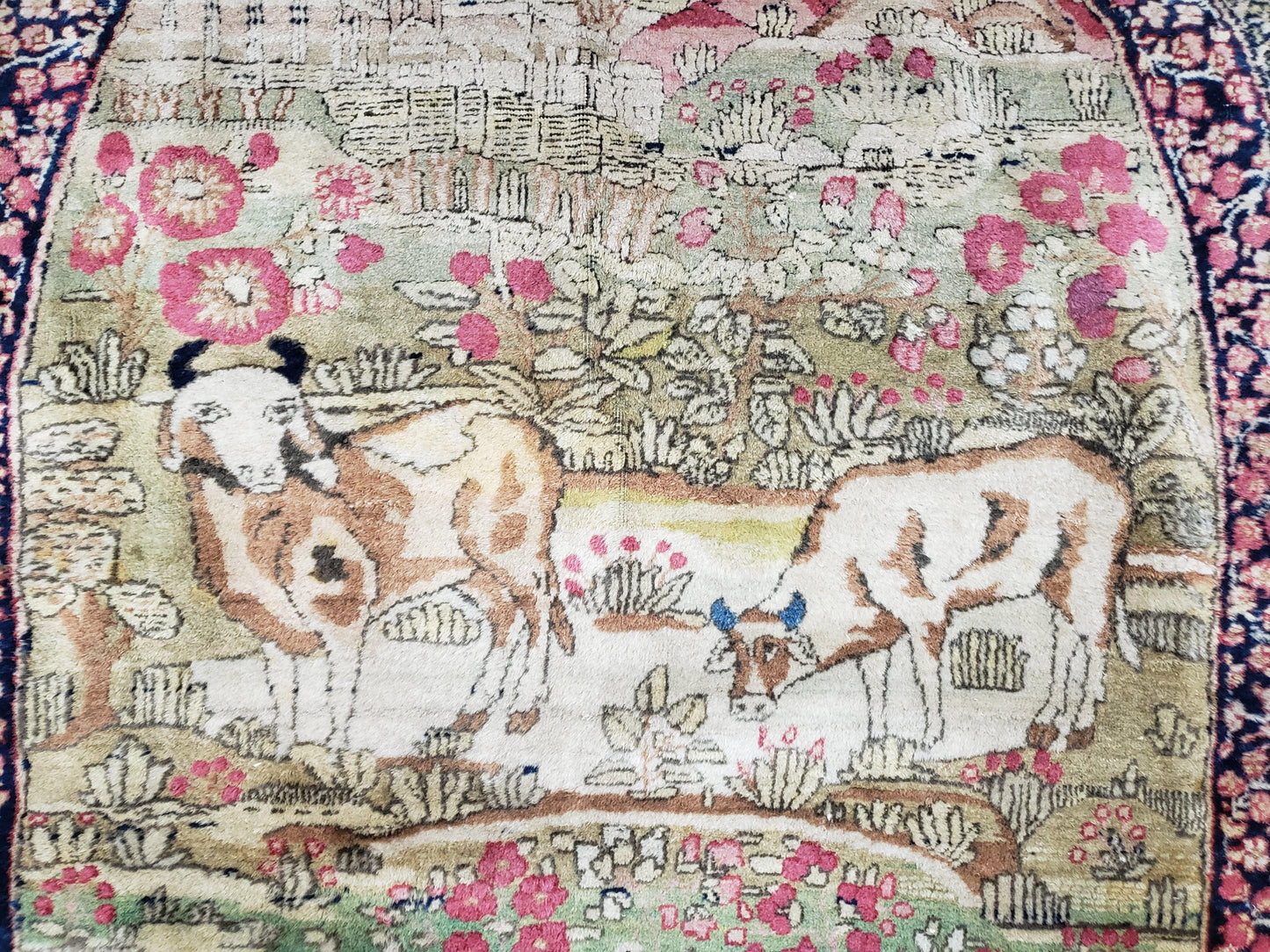 Antique Persian Kirman Rug 4.4 x 7.5, Highly Collectible, Late 19th Early 20th Century Rug, Millefleurs, Cows, Wool Hand Knotted, Pictorial - Nuvé