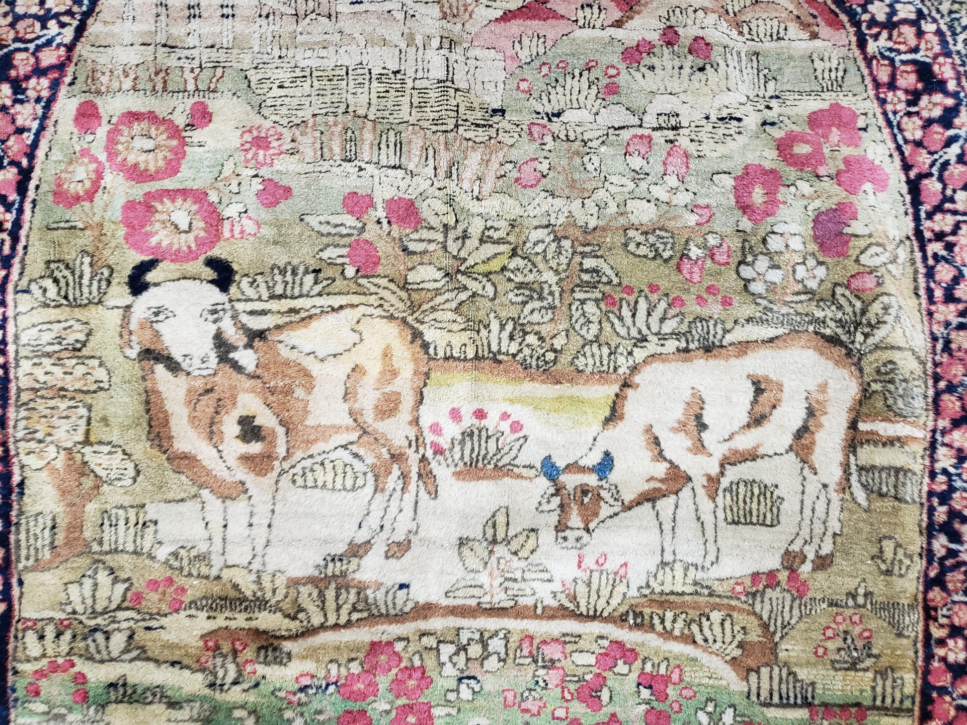 Antique Persian Kirman Rug 4.4 x 7.5, Highly Collectible, Late 19th Early 20th Century Rug, Millefleurs, Cows, Wool Hand Knotted, Pictorial - Nuvé