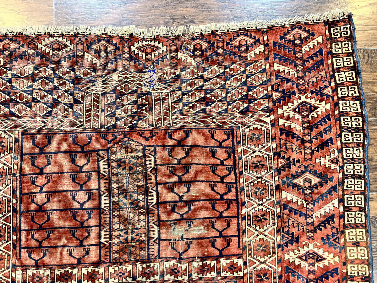 Antique Turkoman Rug 4x4, Hatchli Square Carpet, Wool Handmade Four Season Yamud Design Rug, Red Bohemian Tribal Rug, Engsi Tekkeh Rug
