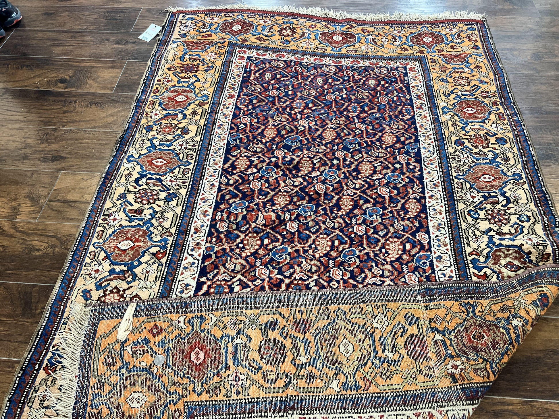 Persian Senneh Rug 4x8, Wool Hand Knotted Antique Kurdish Carpet, Navy Blue Oriental Area Rug, 4 x 8 Rug - Nuvé
