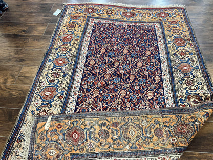 Persian Senneh Rug 4x8, Wool Hand Knotted Antique Kurdish Carpet, Navy Blue Oriental Area Rug, 4 x 8 Rug - Nuvé