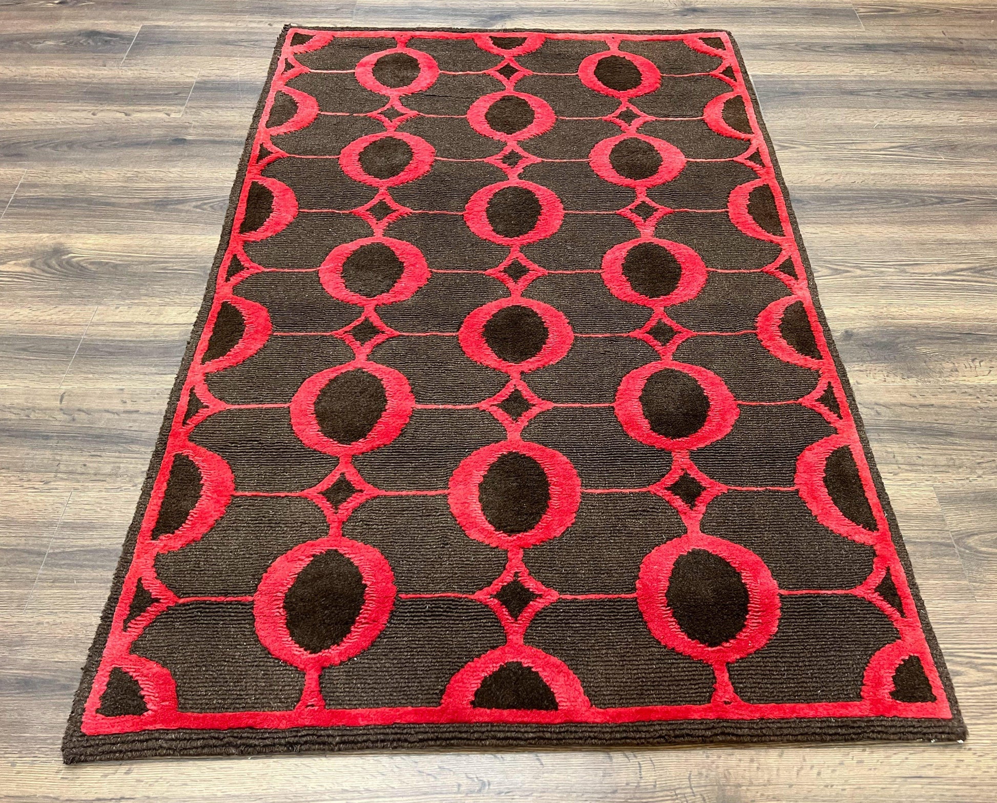 Modern Tibetan Rug 3.8 x 5.7, Raspberry Red and Dark Brown, Abstract Circle Design, Hand Knotted, Soft Wool Handmade Tibet Nepali Carpet 4x6 - Nuvé