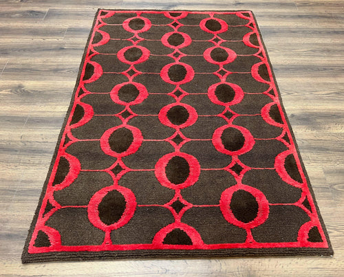 Modern Tibetan Rug 3.8 x 5.7, Raspberry Red and Dark Brown, Abstract Circle Design, Hand Knotted, Soft Wool Handmade Tibet Nepali Carpet 4x6 - Nuvé