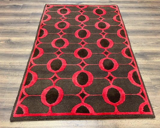 Modern Tibetan Rug 3.8 x 5.7, Raspberry Red and Dark Brown, Abstract Circle Design, Hand Knotted, Soft Wool Handmade Tibet Nepali Carpet 4x6 - Nuvé