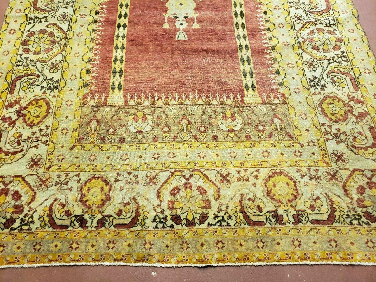4' 5" X 7' Antique HandmadeTurkish Prayer Melas Oushak Wool Rug Mehrab Nice - Nuvé