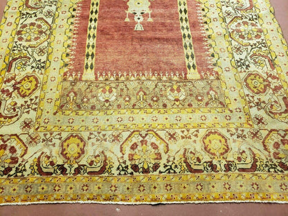 4' 5" X 7' Antique HandmadeTurkish Prayer Melas Oushak Wool Rug Mehrab Nice - Nuvé