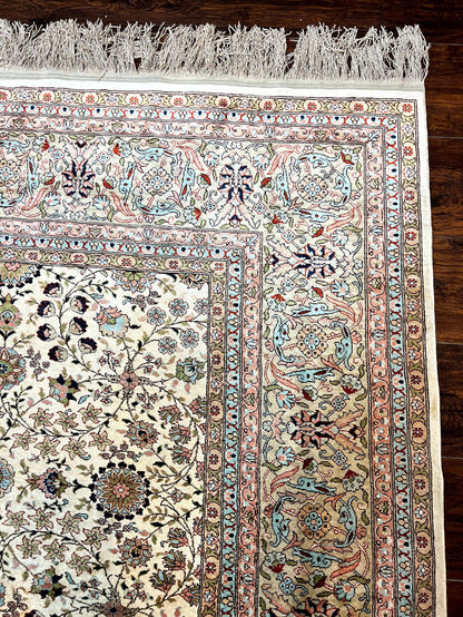 Wonderful Silk Hereke Rug 8x12, Silk Pile on Silk Foundation, Ivory/Cream, Floral Pattern, Handmade, Vintage - Nuvé