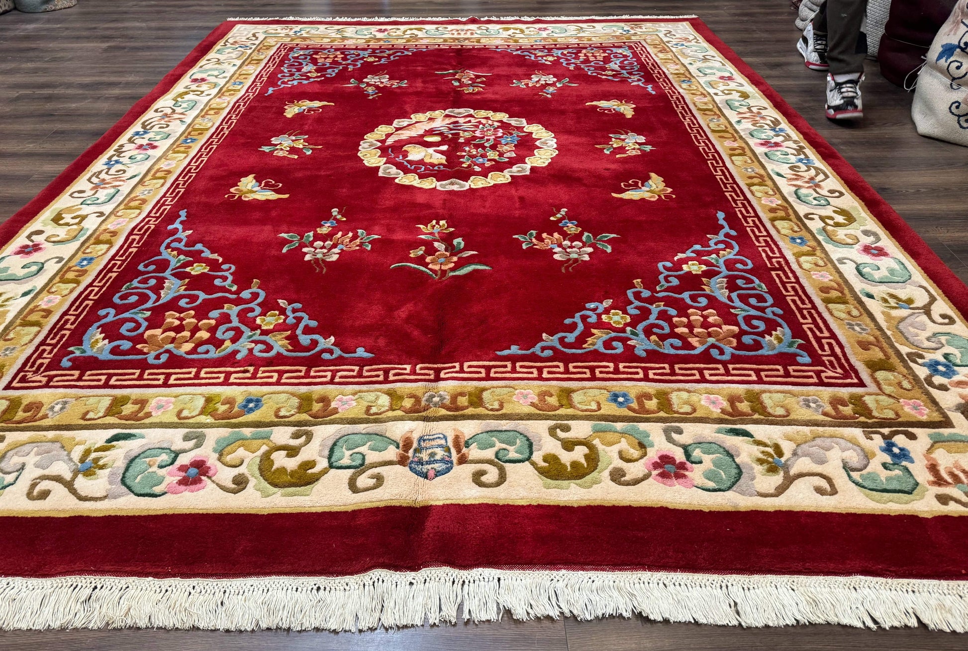 Indo Chinese Wool Rug 9x12, Red Art Deco Carpet, Vintage - Nuvé