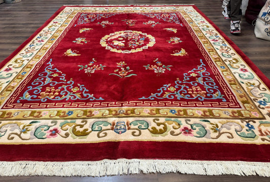 Indo Chinese Wool Rug 9x12, Red Art Deco Carpet, Vintage - Nuvé