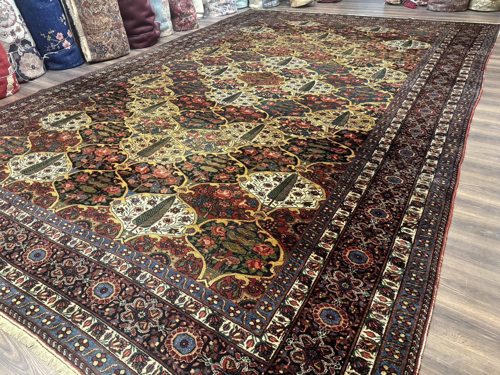 Antique Persian Bakhtiari Rug 12x19, Palace Size Wool Handmade Persian Carpet, Oversized Rug, Panel Design, Peacocks, Multicolor, Rare - Nuvé