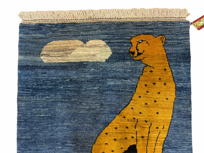 3 x 5 Handmade New Vintage Wool Blue Rug Leopard Lion Jaguar Deer Organic Dyes - Nuvé