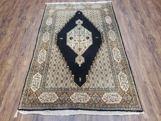 Persian Silk Qum Rug, Silk on Silk, Black Golden Brown and Beige, Hand-Knotted, 3'6" x 5' 5" - Nuvé