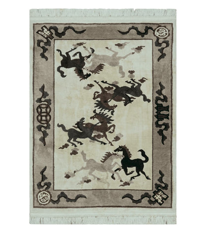 4' X 6' Modern Tibetan Nepal Art Deco Chinese Hand Knotted Wool Rug Horses Nice