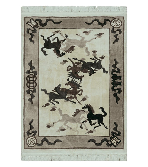 4' X 6' Modern Tibetan Nepal Art Deco Chinese Hand Knotted Wool Rug Horses Nice