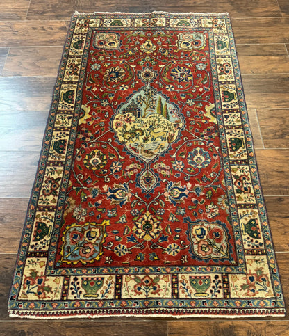 Small Persian Tabriz Rug 2.8 x 4.7, Red, Animal Pictorials, Semi Antique Vintage - Nuvé