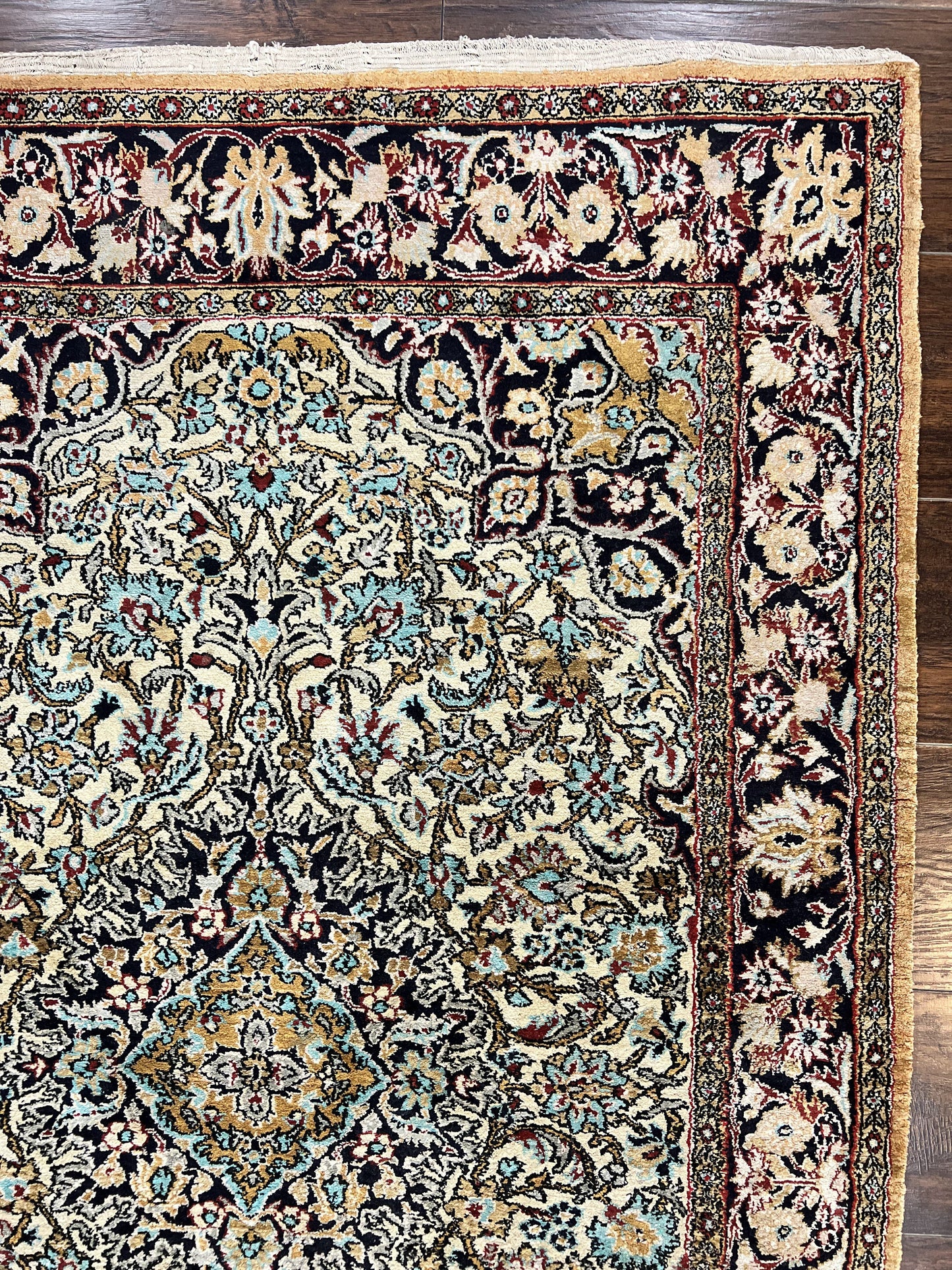 Silk Persian Qum Rug 4x5, Hand Knotted Vintage Carpet, Cream & Navy Blue, Silk Pile on Silk Foundation, Very Fine 360 KPSI