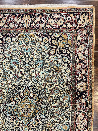 Silk Persian Qum Rug 4x5, Hand Knotted Vintage Carpet, Cream & Navy Blue, Silk Pile on Silk Foundation, Very Fine 360 KPSI