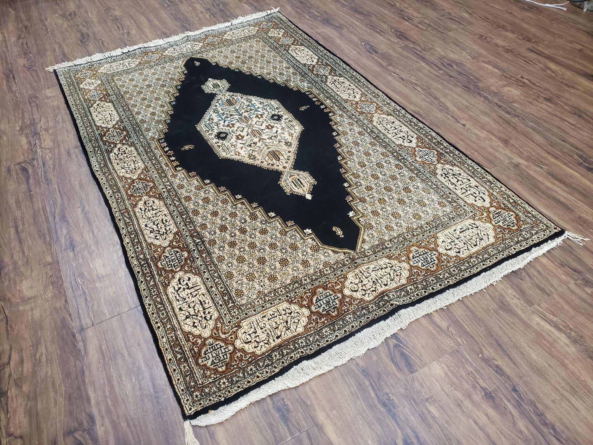 Persian Silk Qum Rug, Silk on Silk, Black Golden Brown and Beige, Hand-Knotted, 3'6" x 5' 5" - Nuvé