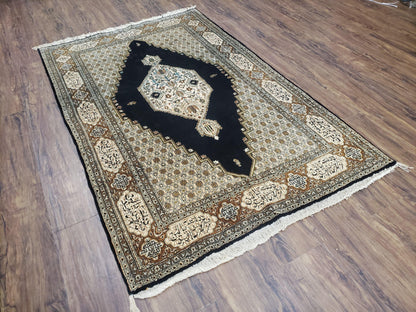 Persian Silk Qum Rug, Silk on Silk, Black Golden Brown and Beige, Hand-Knotted, 3'6" x 5' 5" - Nuvé