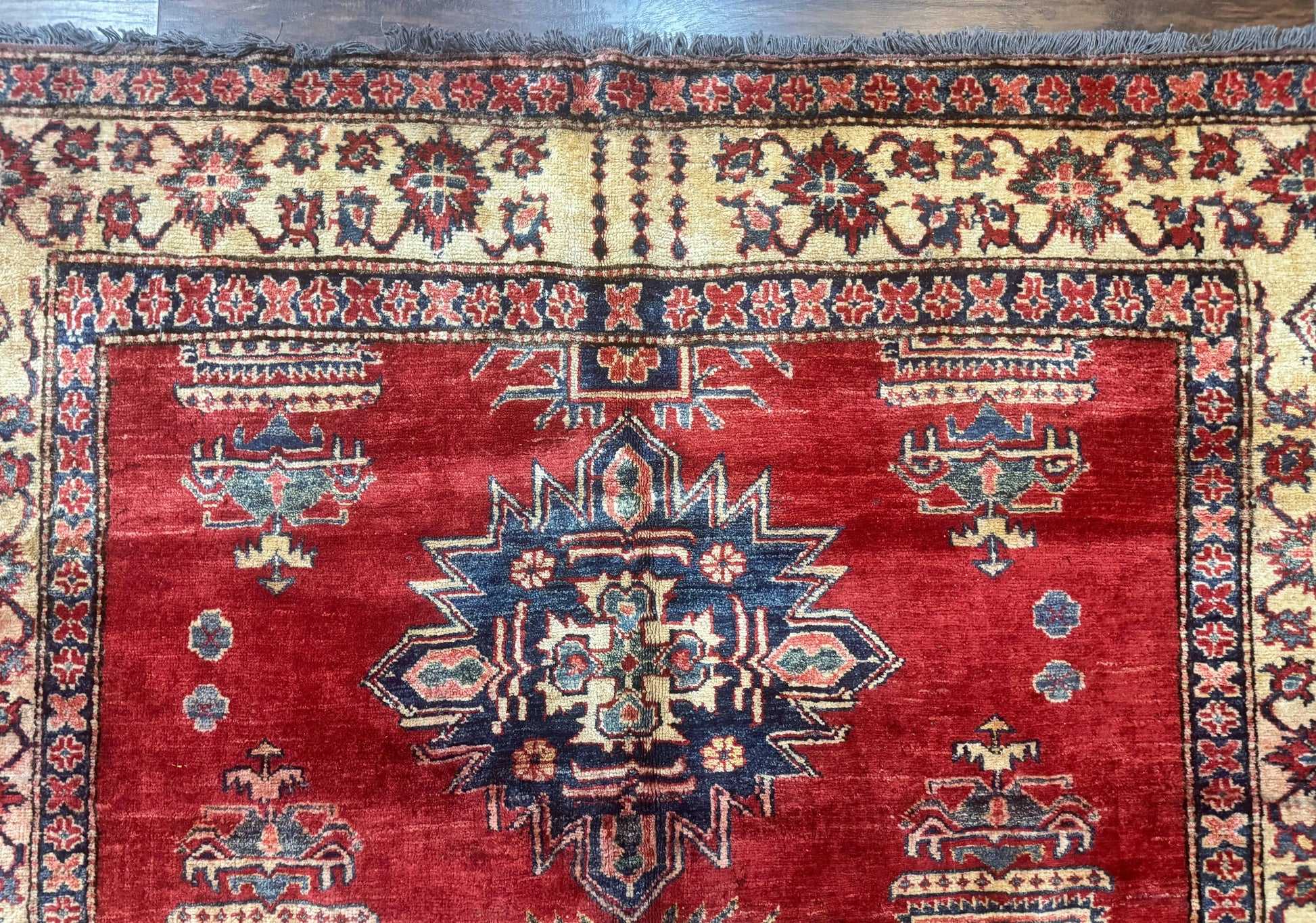 Square Turkish Rug 6x6, Azerbaijani Azeri Turkish Armenian Rug, Red Tan Blue, Geometric, Wool Carpet - Nuvé