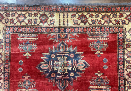 Square Turkish Rug 6x6, Azerbaijani Azeri Turkish Armenian Rug, Red Tan Blue, Geometric, Wool Carpet - Nuvé