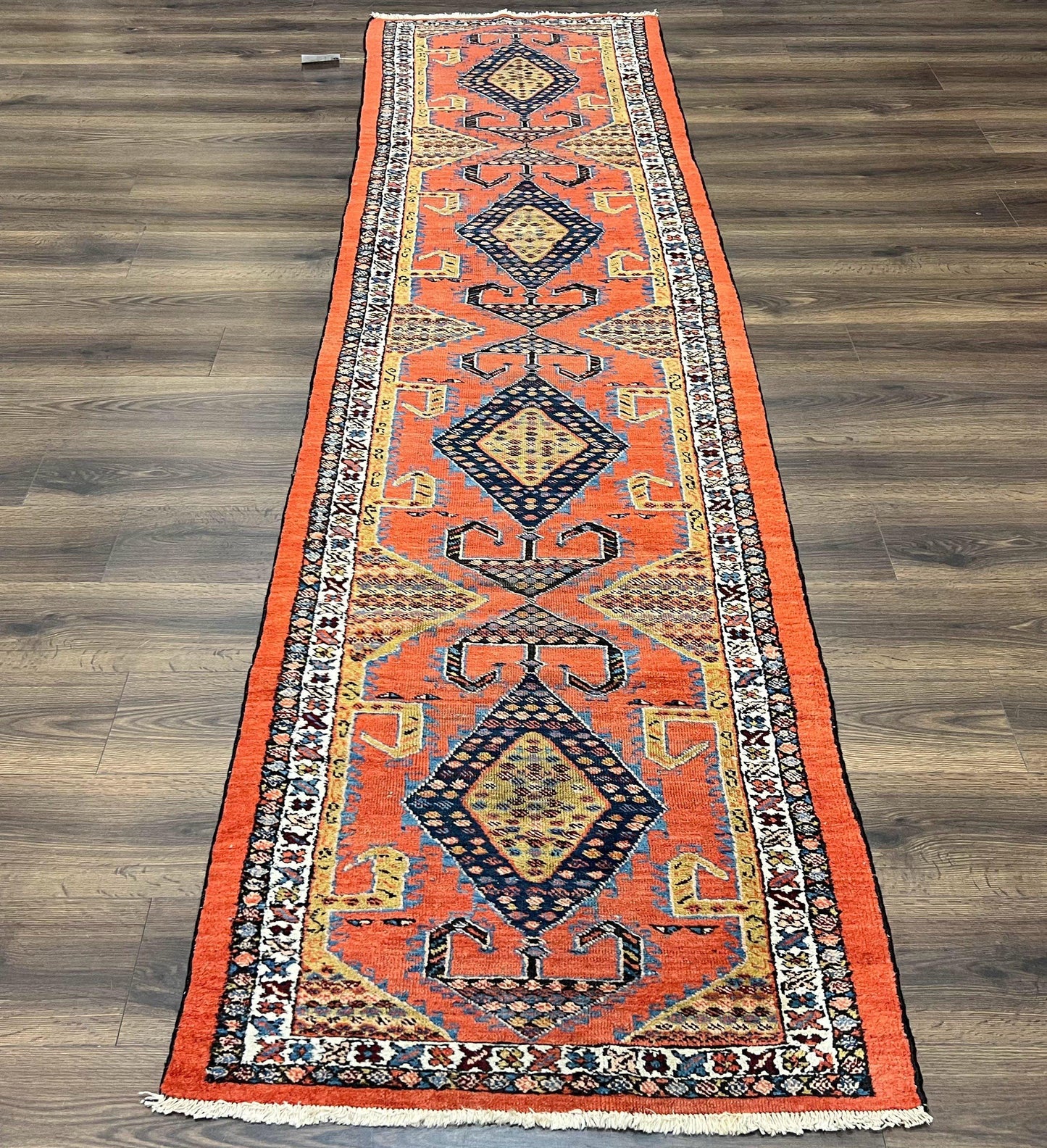 Rare Persian Tribal Runner Rug 3 x 11, Sarab Serab Persian Runner, Antique 1920s Collectible Geometric Medallions Oriental Wool Runner, Hand Knotted, Bright Orange-Red - Nuvé