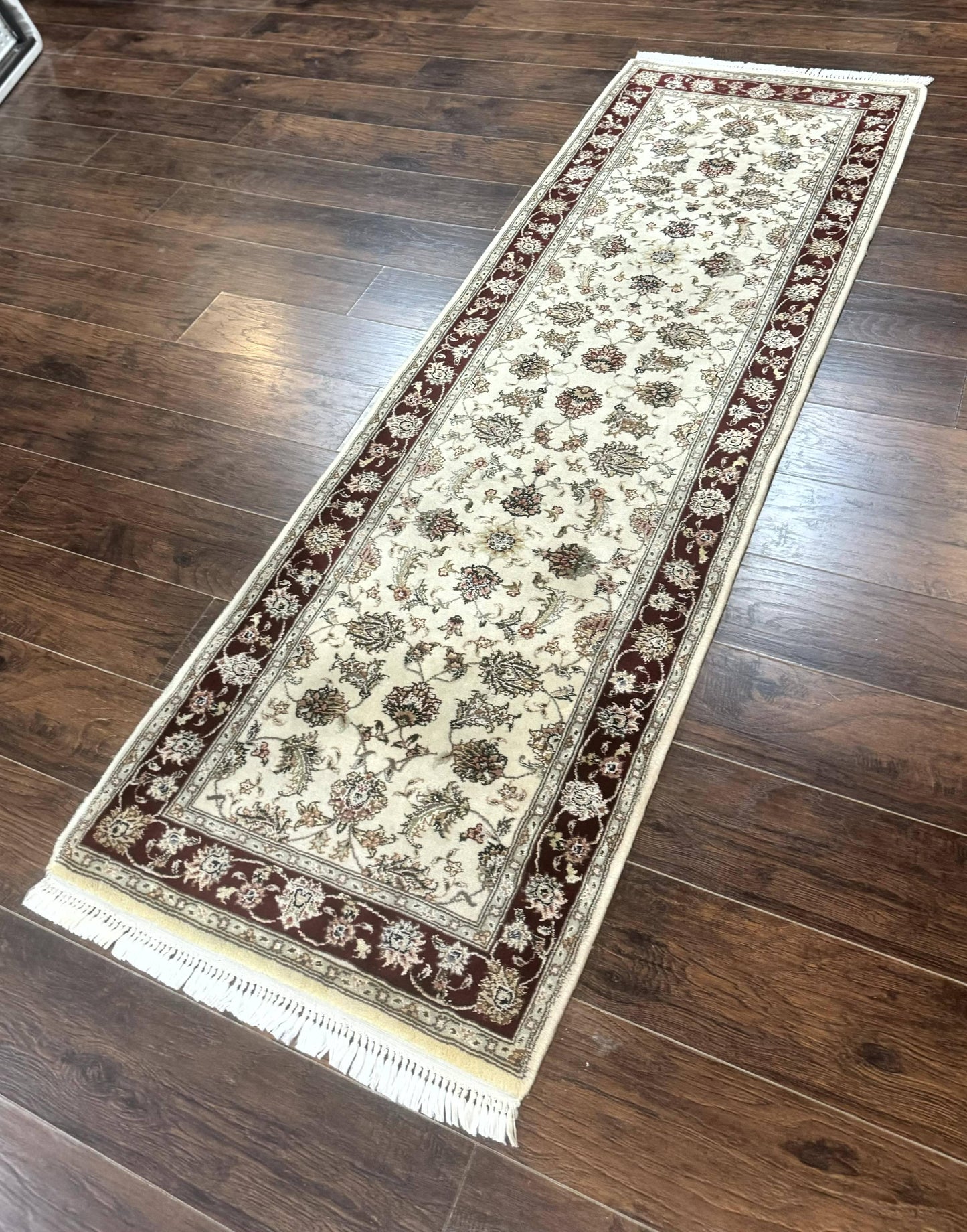 Pak Persian Runner Rug 2.8 x 8, Handmade Vintage Carpet, Beige and Maroon, Wool and Silk Highlights - Nuvé