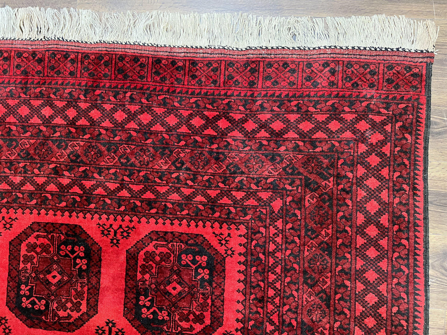 Afghan Turkoman Rug 7x10, Vintage Yamud Beshir Bokhara Carpet, Red and Black Bukhara Hand-Knotted Oriental Wool Handmade Rug, Elephant Foot - Nuvé