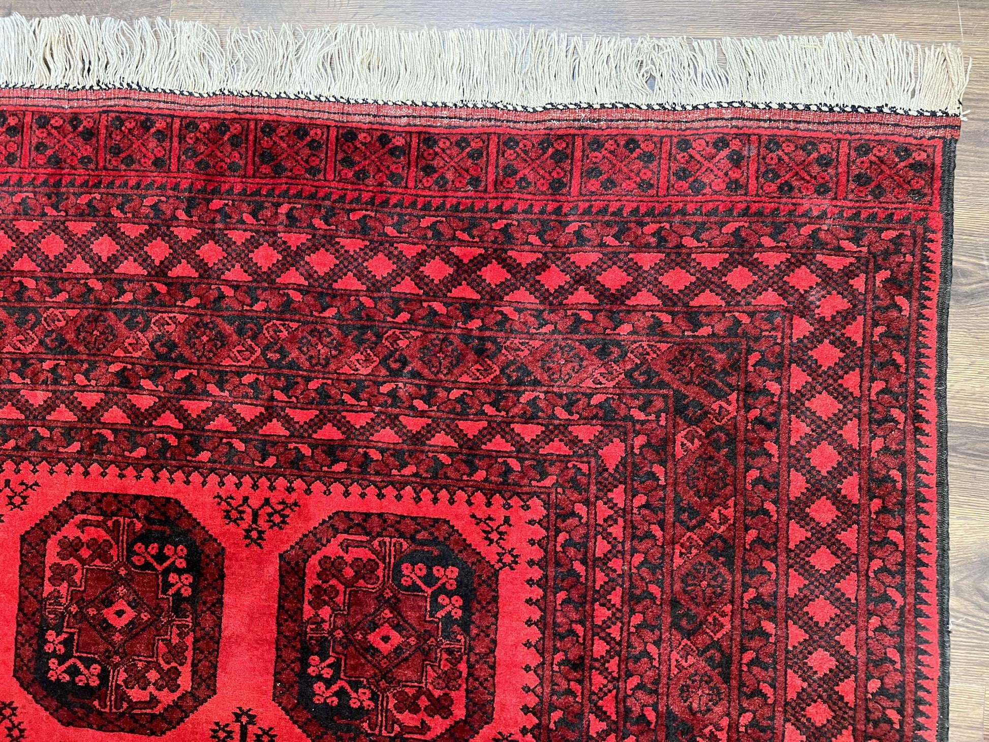 Afghan Turkoman Rug 7x10, Vintage Yamud Beshir Bokhara Carpet, Red and Black Bukhara Hand-Knotted Oriental Wool Handmade Rug, Elephant Foot - Nuvé