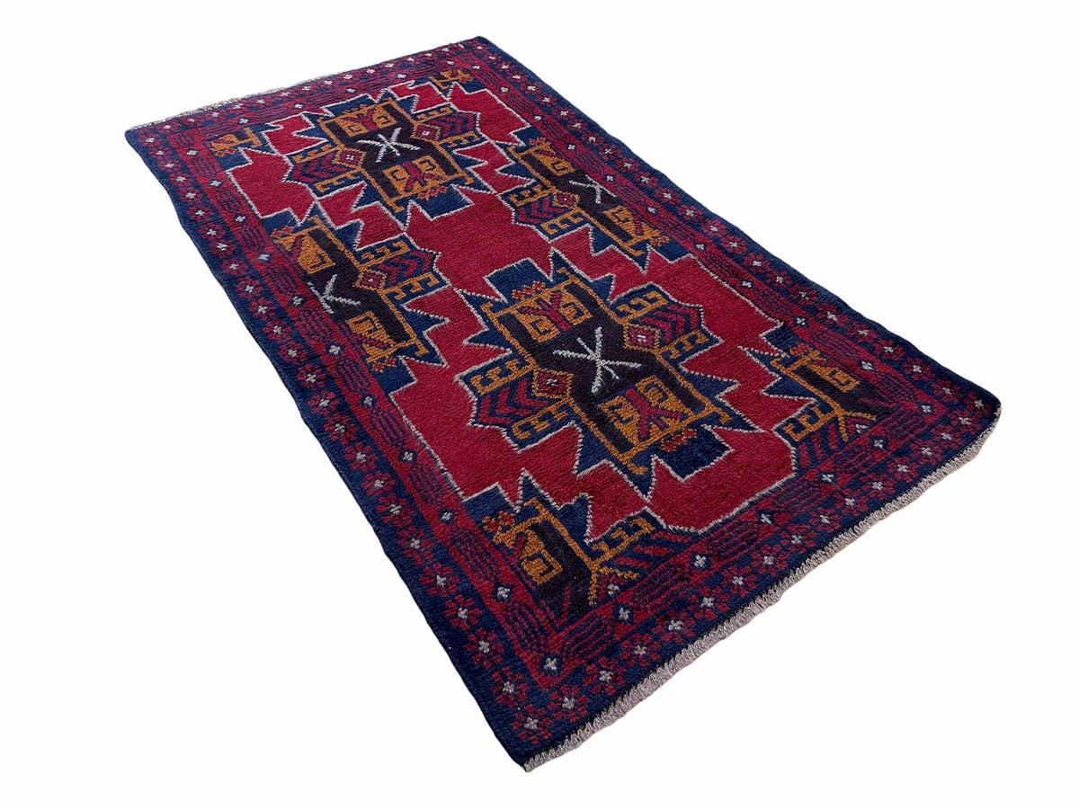 2' 8" X 4' 6" Vintage Handmade Tribal Wool Rug Balouchi Rug Afghan Rug Red Blue