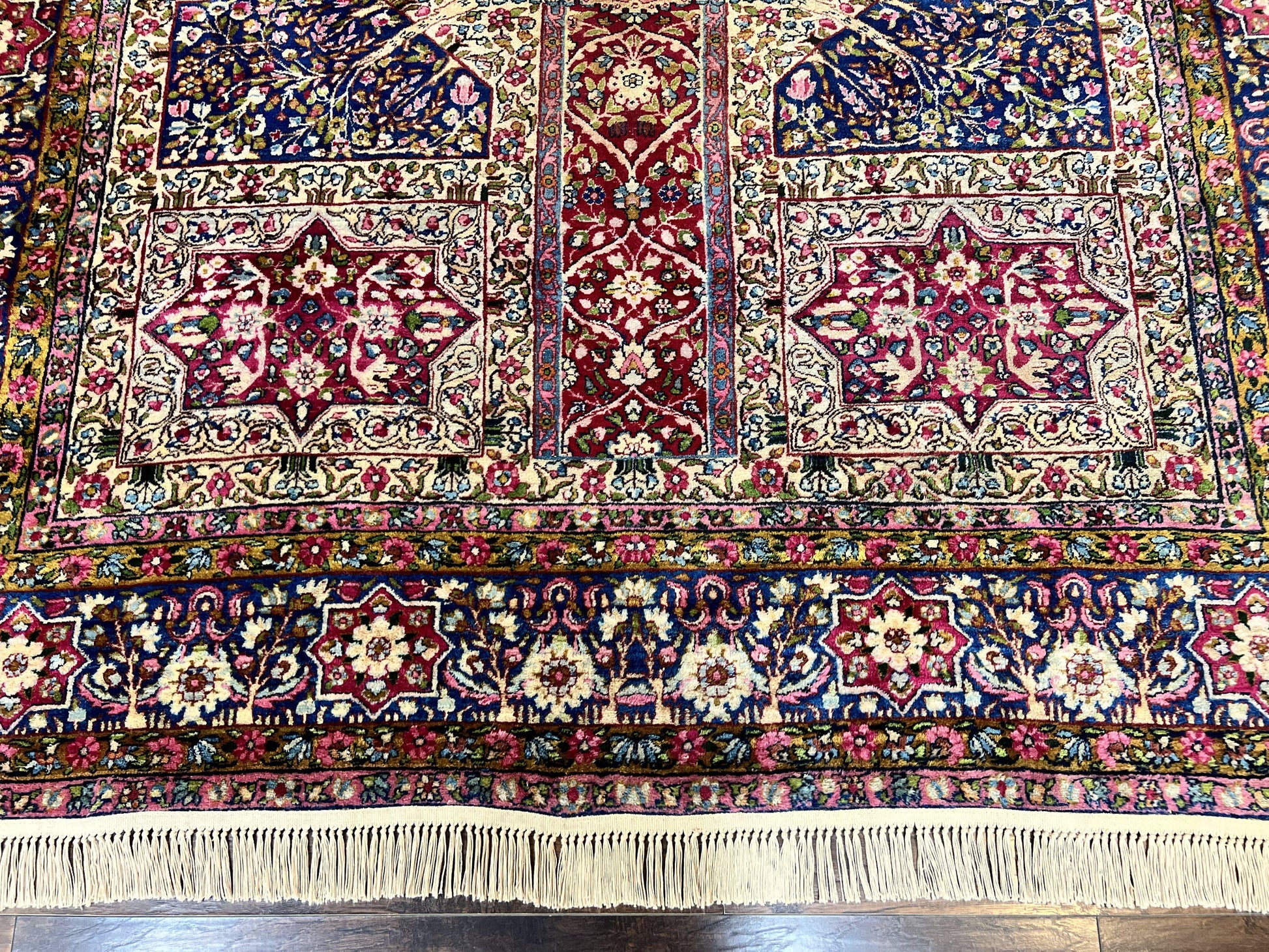 Persian Kirman Lavar Rug 8x9, Antique Persian Carpet, Colorful Multicolor 1920s Handmade Wool Rug, Garden Panel Design, Fine 200 KPSI - Nuvé