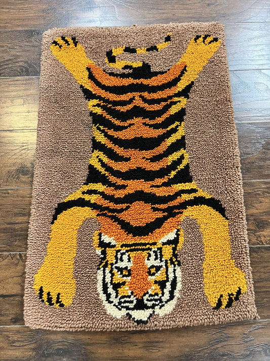 Small Hooked Rug 2x3, Tibetan Tiger Design, Wool, Unique Hooked Rug, Vintage - Nuvé