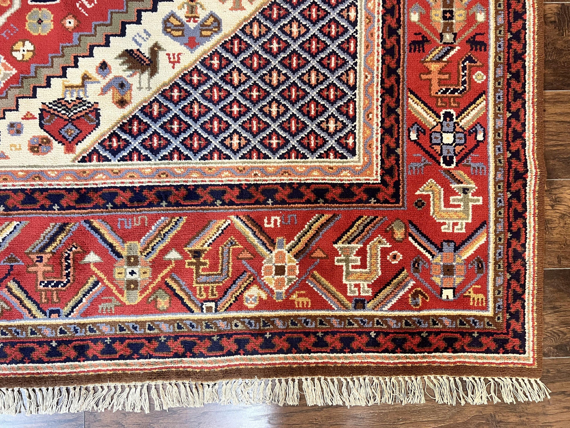 Belgium Power Loomed Rug 8x12, Geometric Medallions Persian Tribal Pattern, Vintage Wool Carpet, Ivory Red Blue - Nuvé