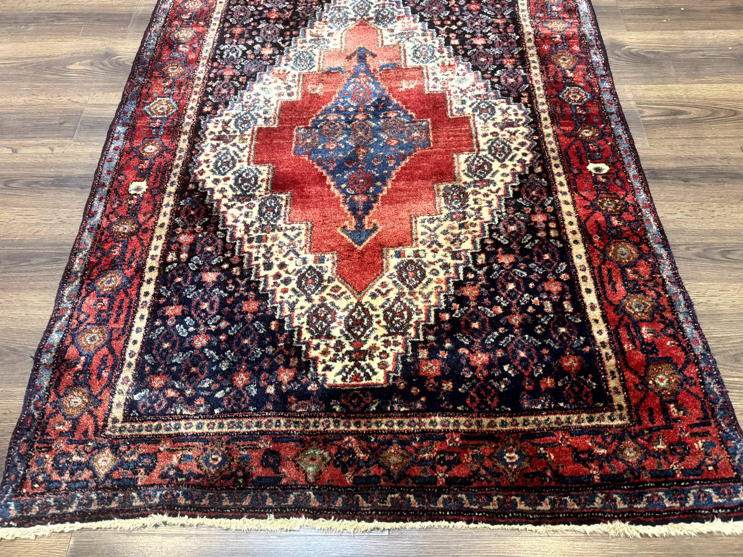 Antique Persian Kurdish Senneh Rug 4x5 Tribal Carpet Wool Geometric Medallion - Nuvé