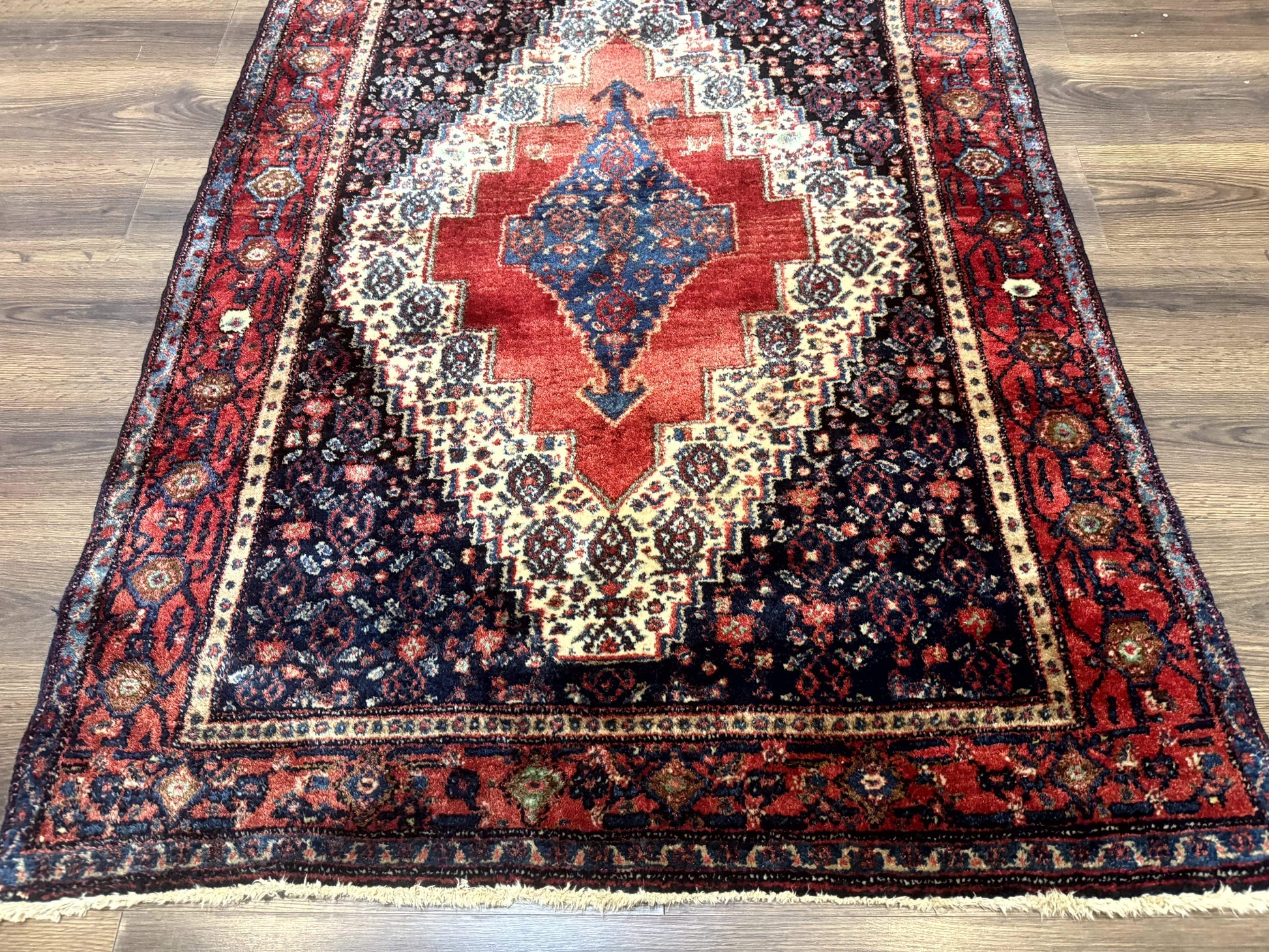 Antique Persian Kurdish Senneh Rug 4x5 Tribal Carpet Wool Geometric Medallion - Nuvé