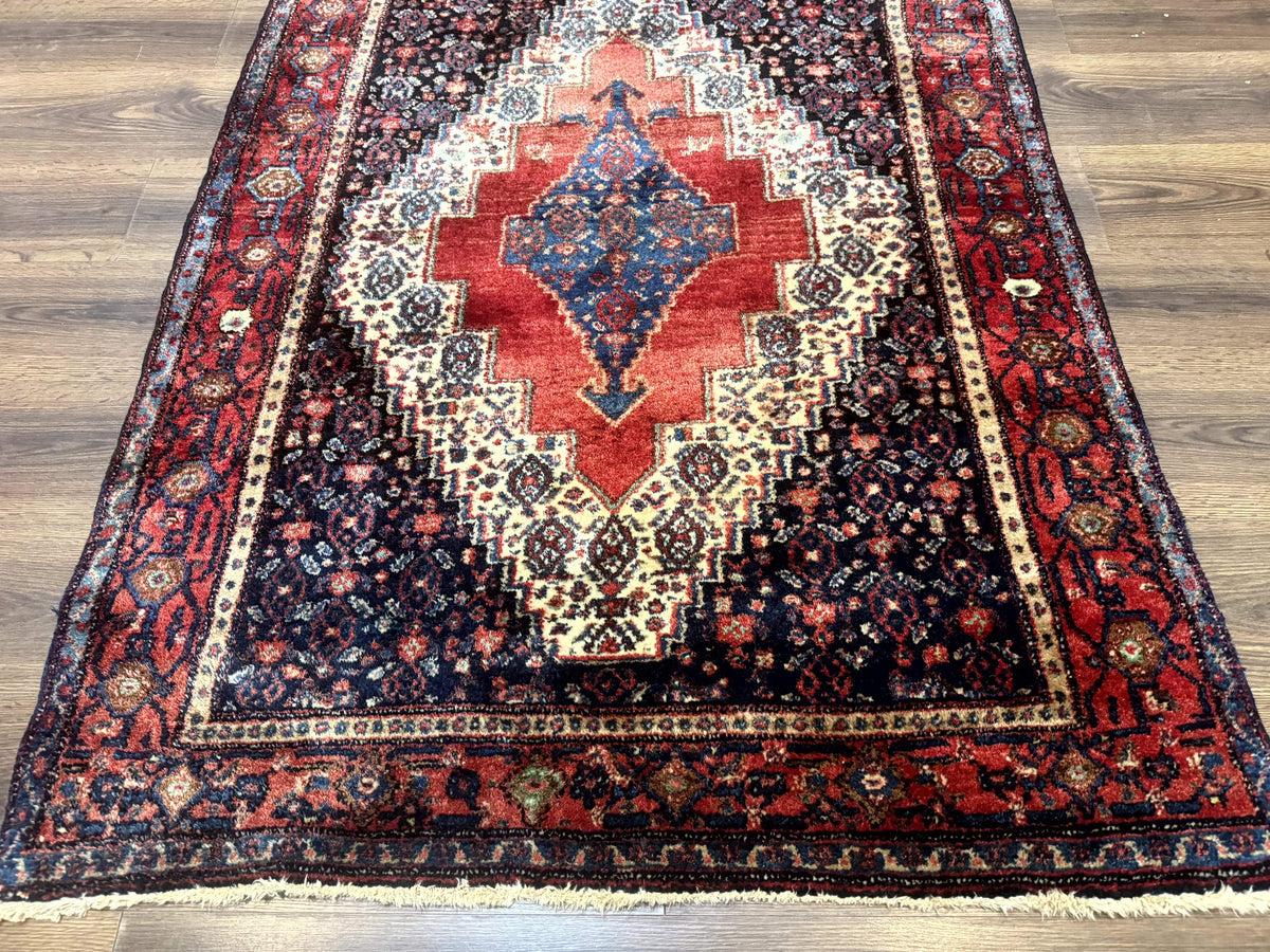 Antique Persian Kurdish Senneh Rug 4x5 Tribal Carpet Wool Geometric Medallion