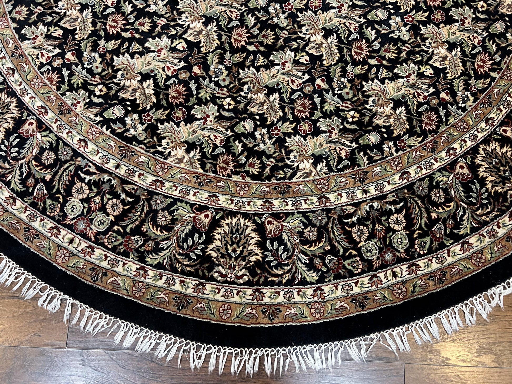 Round Oriental Rug 8x8 ft, William Morris Floral Pattern Carpet, 8 x 8 ft Round Rug, Black Cream and Tan 8ft Round Handmade Indo Persian Rug - Nuvé