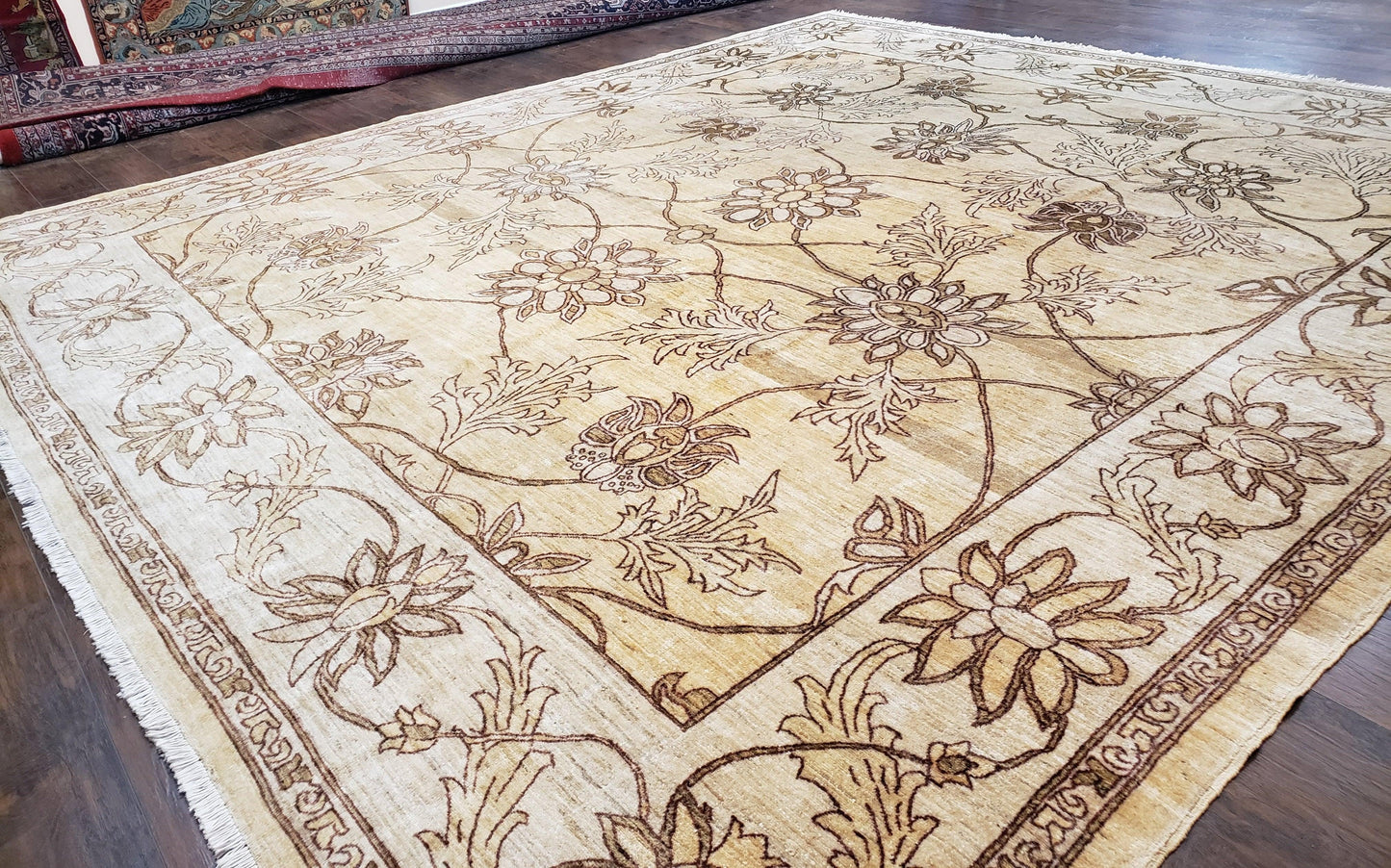 Oversized Peshawar Chobi Oushak Area Rug 11.6 x 12.5, Wool Hand-Knotted Light Gold & Ivory Decorative Pakistani Floral Carpet, 11x12 - 12x13 - Nuvé