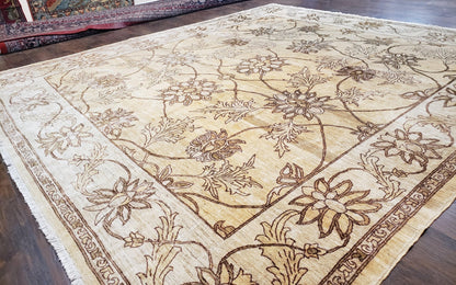 Oversized Peshawar Chobi Oushak Area Rug 11.6 x 12.5, Wool Hand-Knotted Light Gold & Ivory Decorative Pakistani Floral Carpet, 11x12 - 12x13 - Nuvé