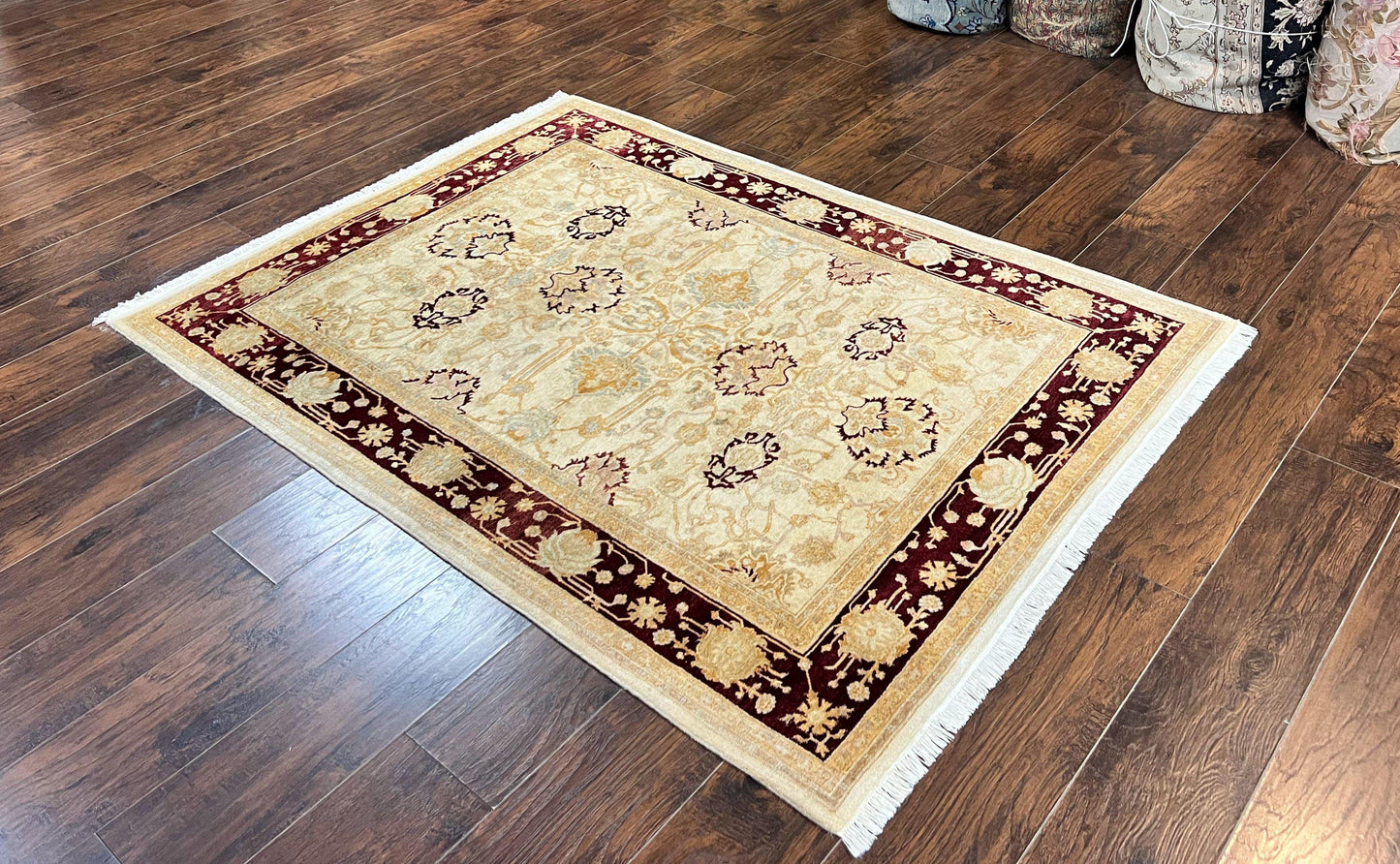 Peshawar Rug 5x7, Beige and Maroon, Vintage Handmade Wool Traditional Carpet 5 x 7 ft, Pakistani Rug, Agra Pattern, Very Fine 260 KPSI - Nuvé