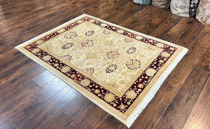 Peshawar Rug 5x7, Beige and Maroon, Vintage Handmade Wool Traditional Carpet 5 x 7 ft, Pakistani Rug, Agra Pattern, Very Fine 260 KPSI - Nuvé