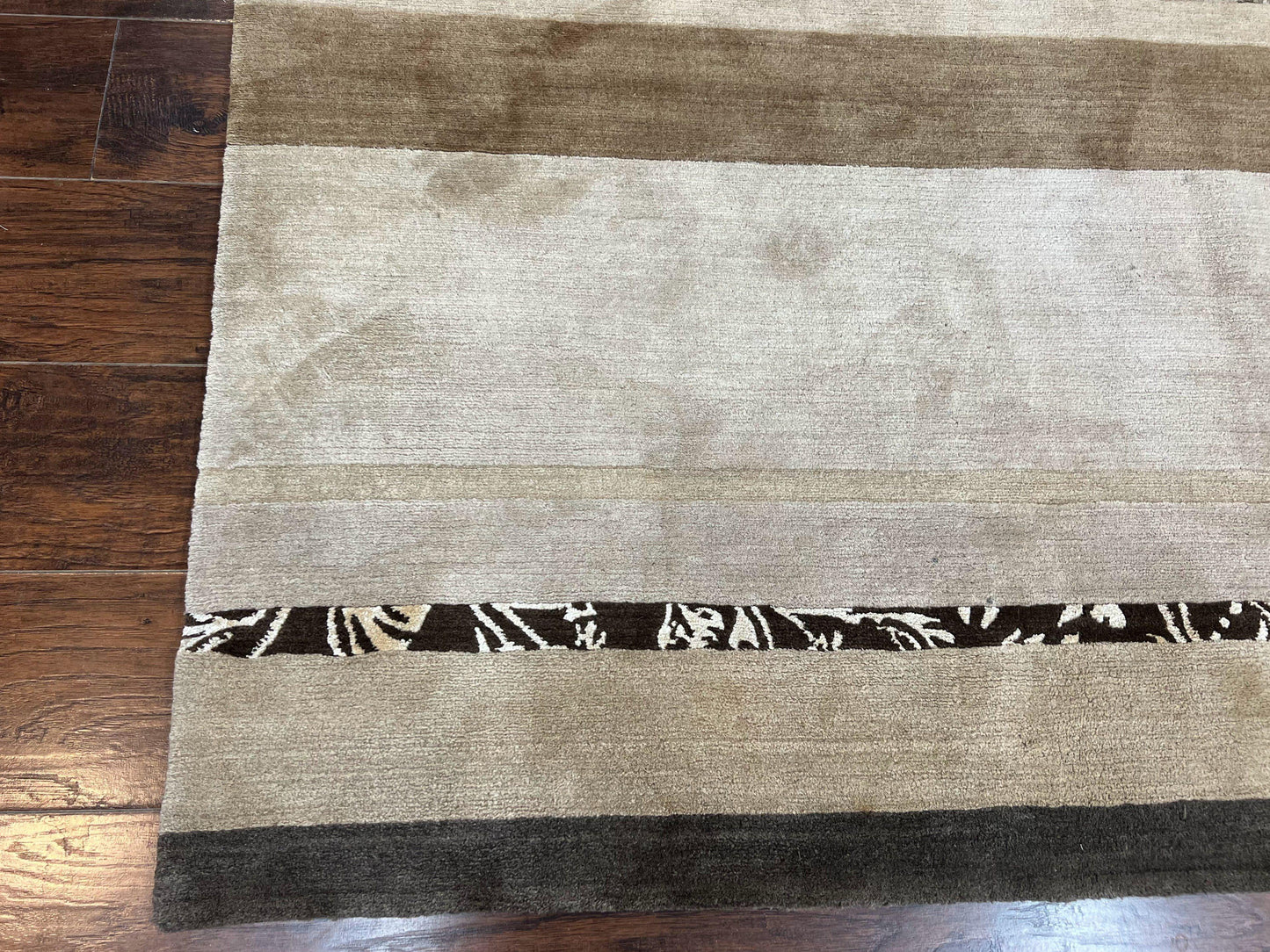 Modern Tibetan Nepali Rug 8x12, Stripe Pattern, Wool with Silk Highlights, Handmade, Beige Tan Brown - Nuvé