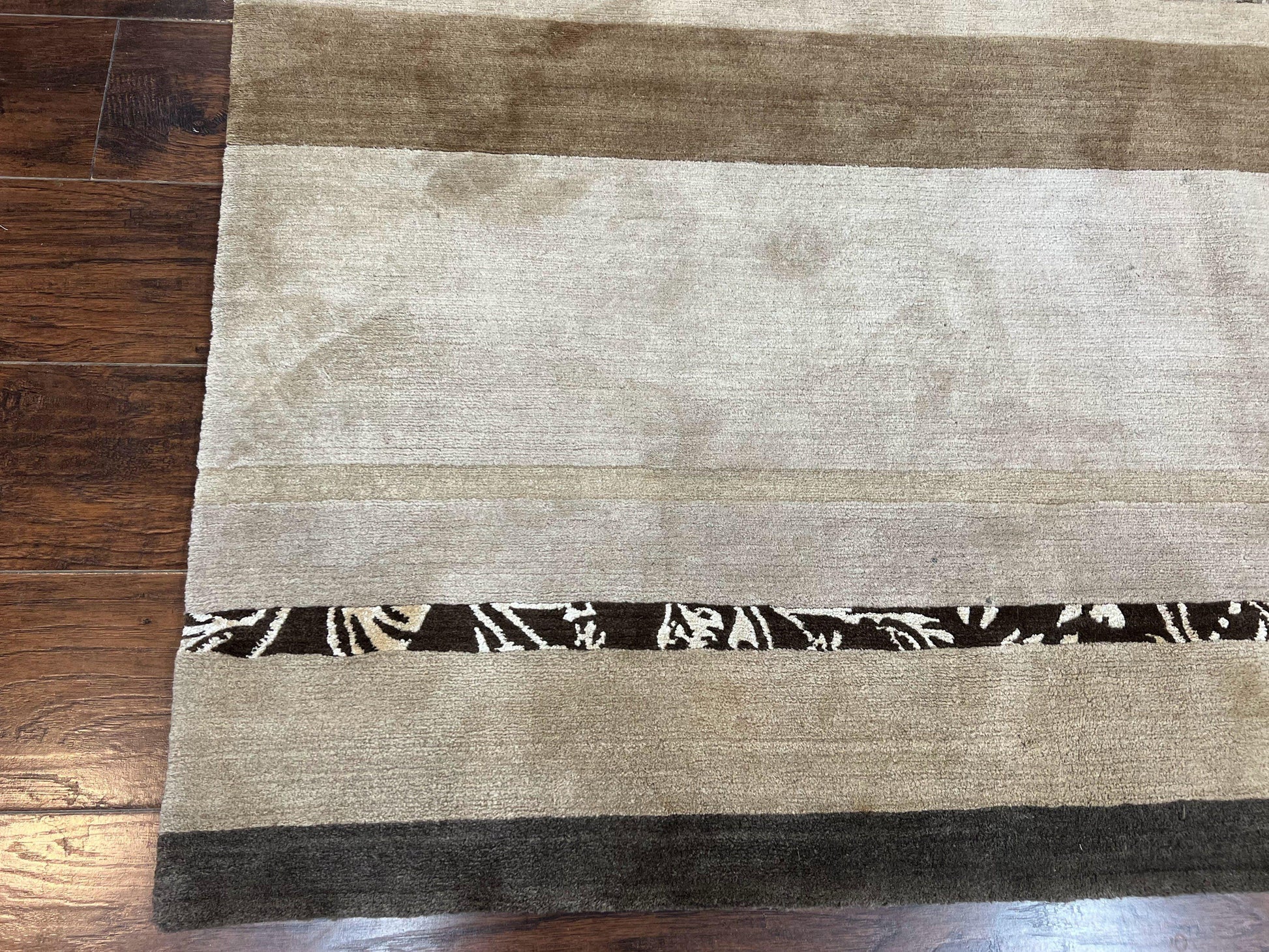 Modern Tibetan Nepali Rug 8x12, Stripe Pattern, Wool with Silk Highlights, Handmade, Beige Tan Brown - Nuvé