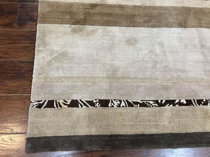 Modern Tibetan Nepali Rug 8x12, Stripe Pattern, Wool with Silk Highlights, Handmade, Beige Tan Brown - Nuvé
