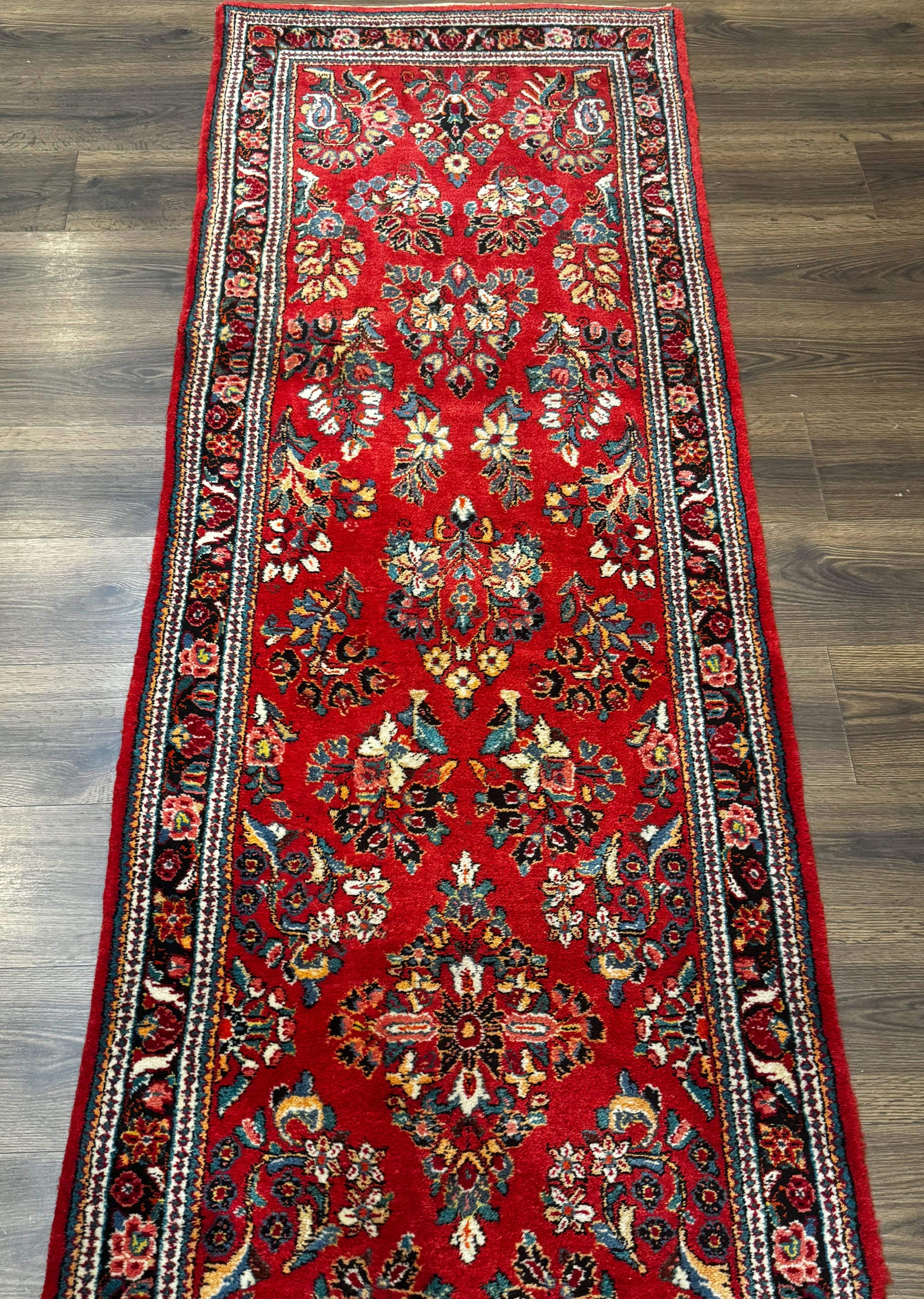Persian Sarouk Runner Rug 3x12, Red Floral 3 x 12ft Runner, Vintage, Wool - Nuvé